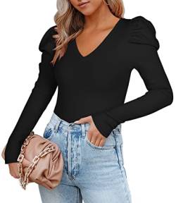 REORIA Damen V-Ausschnitt Puffärmel Langarm Gerippter Schlankheits-Tanga T-Shirt Trikot Body Tops Schwarz L von REORIA