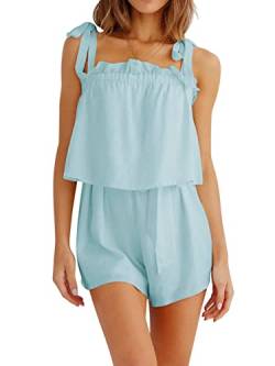 REORIA Damen ärmelloser fließender Overall Süßer einfarbiger Strampler quadratischem Ausschnitt Romper Jumpsuit mit verstellbaren Schultergurten Blau XL von REORIA