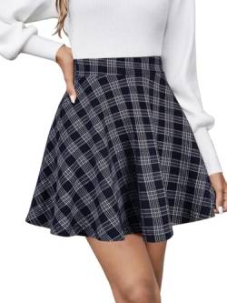 REORIA Damen ausgestellte A-Linie Faltenröcke Mini Karierter Rock Tennis Schule Tanz Skort Cheerleader Kostüm Marineblau Kariert M von REORIA