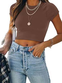 REORIA Damen einfarbiges T-Shirts kurzärmelig hochgeschlossen doppelt gefüttert eng anliegend Crop Tops Kaffee XL von REORIA