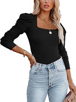 REORIA Damen eleganter quadratischer Ausschnitt Puff Langarm gerippter Tanga Bodysuit Tops Jumpsuit Schwarz S von REORIA