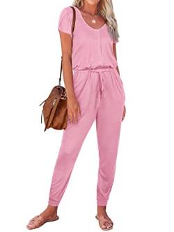 REORIA Damen lässiger Jumpsuits schlichter Rundhalsausschnitt Knospe Ärmel Strampler mit Tasche Rosa L von REORIA