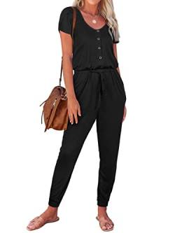 REORIA Damen lässiger Jumpsuits schlichter Rundhalsausschnitt Knospe Ärmel Strampler mit Tasche Schwarz S von REORIA