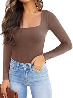 REORIA Damen langarm Bodysuit Sexy eckiger Ausschnitt doppelt gefüttert Overalls Kaffee M von REORIA