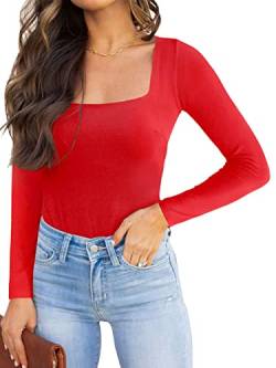 REORIA Damen langarm Bodysuit Sexy eckiger Ausschnitt doppelt gefüttert Overalls Rot M von REORIA