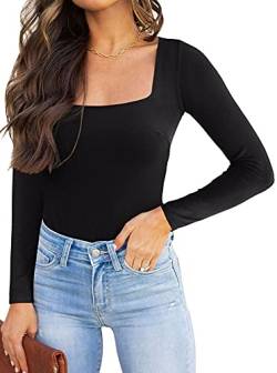 REORIA Damen langarm Bodysuit Sexy eckiger Ausschnitt doppelt gefüttert Overalls Schwarz S von REORIA