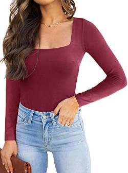 REORIA Damen langarm Bodysuit Sexy eckiger Ausschnitt doppelt gefüttert Overalls Wienrot L von REORIA