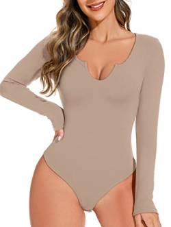 REORIA Damen sexy V-Ausschnitt Bodies langen Ärmeln schlankmachender Tanga Formende Bodys Overall Khaki M von REORIA