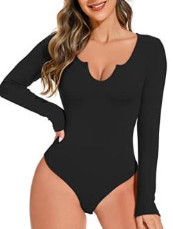 REORIA Damen sexy V-Ausschnitt Bodies langen Ärmeln schlankmachender Tanga Formende Bodys Overall Schwarz S von REORIA