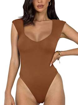 REORIA Damen sexy lässiger doppelt gefütterter ärmelloser Schlankheits Body mit V-Ausschnitt Shapewear Formende Bodys Braun XL von REORIA