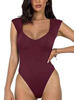 REORIA Damen sexy lässiger doppelt gefütterter ärmelloser Schlankheits Body mit V-Ausschnitt Shapewear Formende Bodys Burgunderrot L von REORIA