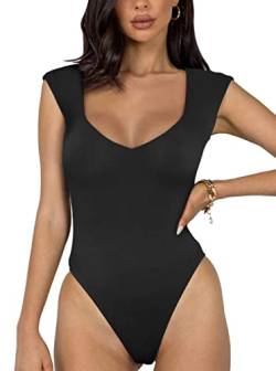 REORIA Damen sexy lässiger doppelt gefütterter ärmelloser Schlankheits Body mit V-Ausschnitt Shapewear Formende Bodys Schwarz L von REORIA