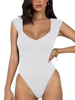 REORIA Damen sexy lässiger doppelt gefütterter ärmelloser Schlankheits Body mit V-Ausschnitt Shapewear Formende Bodys Weiß M von REORIA