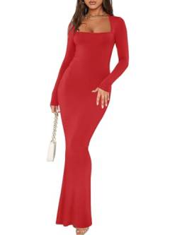 REORIA Herbst Winter Lange Kleider für Damen sexy lässig quadratischer Ausschnitt Lange Ärmel gerippt figurbetont weich Lounge Maxikleid Rot XS von REORIA