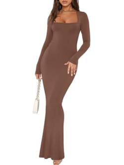 REORIA Lässige sexy Kleider für Damen Date Nacht Ausgehen Club Outfits quadratischer Ausschnitt Lange Ärmel gerippt figurbetontes Maxikleid Kaffee XS von REORIA