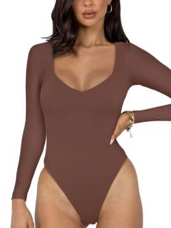 REORIA Sexy Basic Body mit V Ausschnitt und langen Ärmeln für Damen doppelt gefüttert nahtlos schlankmachend Herbst trendig zum Ausgehen Tanga Body Tops Kaffee L von REORIA