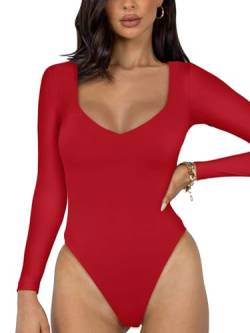 REORIA Sexy Basic Bodysuit für Damen mit V Ausschnitt und langen Ärmeln doppelt gefüttert nahtlos schlankmachend Herbst trendiges Ausgehen Tanga Body Oberteile Übergröße Rot XXL von REORIA