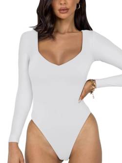 REORIA Sexy Basic Bodysuit für Damen mit V Ausschnitt und langen Ärmeln doppelt gefüttert nahtlos schlankmachend Herbst trendiges Ausgehen Tanga Body Oberteile Übergröße Weiß XXL von REORIA