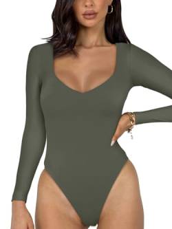 REORIA Sexy Basic Bodysuit für Damen mit V Ausschnitt und langen Ärmeln doppelt gefüttert nahtlos schlankmachend für den Herbst trendig zum Ausgehen Tanga Body Oberteil Grau Grün S von REORIA
