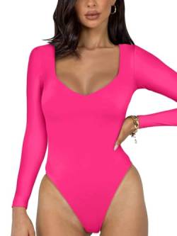 REORIA Sexy Basic Bodysuit für Damen mit V Ausschnitt und langen Ärmeln doppelt gefüttert nahtlos schlankmachend für den Herbst trendig zum Ausgehen Tanga Body Oberteil Neon Rosenrot S von REORIA