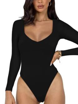 REORIA Sexy Basic Bodysuit für Damen mit V Ausschnitt und langen Ärmeln doppelt gefüttert nahtlos schlankmachend für den Herbst trendig zum Ausgehen Tanga Body Oberteil Schwarz L von REORIA