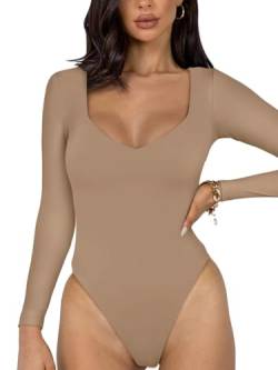 REORIA Sexy Basic Bodysuit für Damen mit V Ausschnitt und langen Ärmeln doppelt gefüttert nahtlos schlankmachend für den Herbst trendig zum Ausgehen Tanga Body Tops Khaki M von REORIA