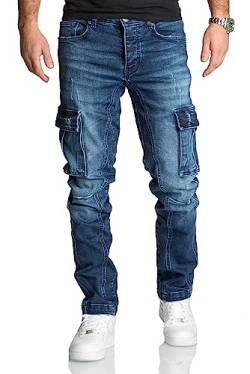 REPUBLIX Herren Cargo Jeans Regular Slim Denim Hose Destroyed R7977 Dunkelblau W32/L30 von REPUBLIX