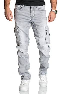 REPUBLIX Herren Cargo Jeans Regular Slim Denim Hose Destroyed R7977 Grau W31/L30 von REPUBLIX