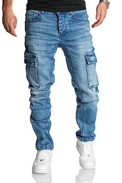 REPUBLIX Herren Cargo Jeans Regular Slim Denim Hose Destroyed R7977 Hellblau W29/L32 von REPUBLIX