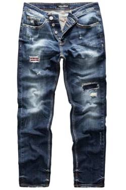 REPUBLIX Herren Jeans Regular Straight Fit Denim Hose Destroyed Dunkelblau (Patches) W29/L30 von REPUBLIX