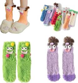 2 Pairs Winerpart Socks,Coral Velvet Three-Dimensional Quirky Socks,3D Novelty Face Socks Floor Socks,Ugly Cute Plush Socks (Green+Purple) von REPWEY