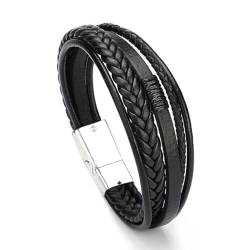 Herren Armband - Lerderarmband - Leder Armreif schwarz Silberne Magnetschnalle - geflochten Breites Wickelarmband mit Magnet Verschluss Herren Armband Edelstahl Armband Mit Magnet Verschluss 23cm von REQAG