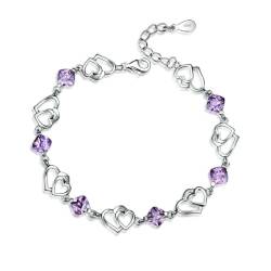 REQAG Armband Damen 925 Lila Sterling Silber Herz Armbänder Frauen Schmuck Geschenk für Sie Valentinstag Geburtstags von REQAG