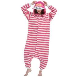 RESSBER Unisex Erwachsene Onesie Pyjama Tier Einteiler Halloween Kostüm Weihnachten Nachtwäsche Jumpsuit, Rosa Grinsekatze, XL von RESSBER