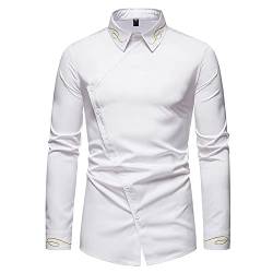 Basic Shirt Herren Luxus Stickerei Business Shirt Herren Slim Fit Schräge Knopfleiste Casual Shirt Herren Urban Streetstyle Asymmetrien Design Langarm Shirt Herren H-White XL von REVHQ
