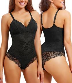 REYEOGO Spitze Shapewear Bodysuit für Frauen Bauchkontrolle Body Shaper V Ausschnitt Fajas Sculpting Tank Tops Schlankheits Camisole Korsett, Schwarz, L von REYEOGO