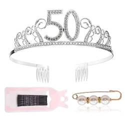 50. Geburtstag Tiara Krone, Silber Geburtstag Tiara Silber Geburtstag Perlen Haarnadel, Kristall Strass Krone Tiara mit Kamm Mädchen 50. Geburtstag Party Supplies von REYOK