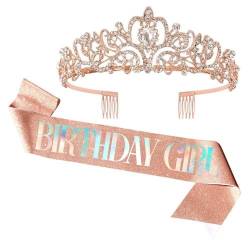 Geburtstag Tiara und Schärpe Mädchen Krone Dekoration Schärpe Roségold Birthday Queen Schärpen Hochzeit Braut Tiara Stirnband Kristall Strass Prinzessin Tiara Krone mit Kamm für Geburtstag Party von REYOK