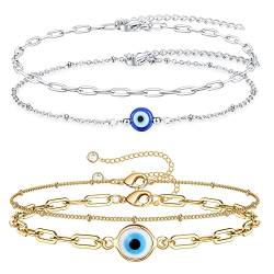 REYOK 2 Stück Evil Eye Armband Double Gold Silber Türkische Auge Armband für Frauen Einstellbare Glückskette Zarte Schmuck Geschenk für Frauen Mädchen von REYOK