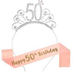 Rose Gold Happy 50. Geburtstag Schärpe und 50 Geburtstag Tiara Strass Krone Stirnband für 50 Geburtstagsgeschenk Party Zubehör 50. Geburtstag Dekoration Mädchen Frauen von REYOK