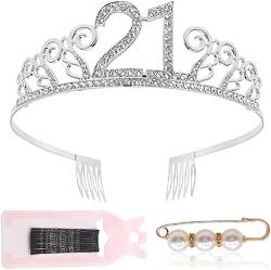 Silber 21. Geburtstag Tiara Krone, Geburtstag Tiara Silber Geburtstag Perlen Haarnadel, Junggesellinnenabschied Set Für 21 Geburtstag Deko Geschenk Mädchen Party Accessoires von REYOK