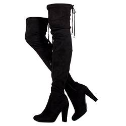 RF ROOM OF FASHION Chateau Damen Overknee-Blockabsatz Stretch Stiefel (Normale & breite Wade), Regular Calf Black Su - Oberschenkelhoch, 40.5 EU von RF ROOM OF FASHION