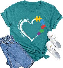 Autism Teacher Shirt Damen Autismus Awareness T-Shirt Accept Understand Love Tee Puzzle Piece Graphic Kurzarm Top, cyan, Mittel von RFBIQI