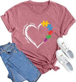 Autismus Lehrer Shirt Damen Autismus Bewusstsein T-Shirt Accept Understand Love Tee Puzzle Piece Grafik Kurzarm Top, Pink, Klein von RFBIQI