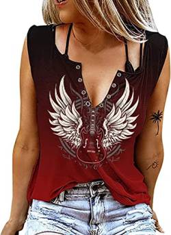Guitar Wings Tank Tops für Frauen Retro Country Music Shirt Rock Guitar Graphic Tees Casual V Neck Sleeveless Vest Cami, Farbverlauf rot, Klein von RFBIQI