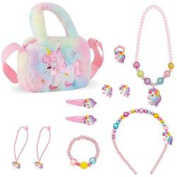 Einhorn Handtasche Geschenk, Einhörnern Kinderschmuck Halskette, Armband, Ring, Haarspange, kleines Mädchen Rollenspiel Geburtstagsgeschenk Party(13-Teiliges Set) von RHZXD