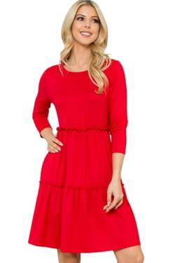 Midi-Swingkleid aus Jersey, gerafft, gestuft, Rüschensaum, plissiert, ausgestellte Tunika, kurz, 3/4-Ärmel, ärmellos, Blumenmuster, Langärmeliges Merrow Stufenkleid - Rot, Klein von RIAH FASHION