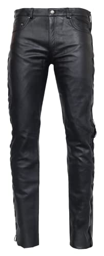 RICANO S/L Cow Waxy, Herren Lederhose mit Schnüren (Slim Fit) aus echtem gewachstem Rind Leder in schwarz oder braun (Schwarz, 32 Inch) von RICANO