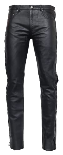 RICANO S/L Cow Waxy, Herren Lederhose mit Schnüren (Slim Fit) aus echtem gewachstem Rind Leder in schwarz oder braun (Schwarz, 34 Inch) von RICANO