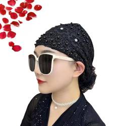 RICOKJRDE 2024 Neues Blumen-Spitzen-Kopftuch Für Damen, Mit Perlen Besetztes Blumen-Spitzen-Stirnband, Stilvolles Spitzen-Stirnband (Black) von RICOKJRDE